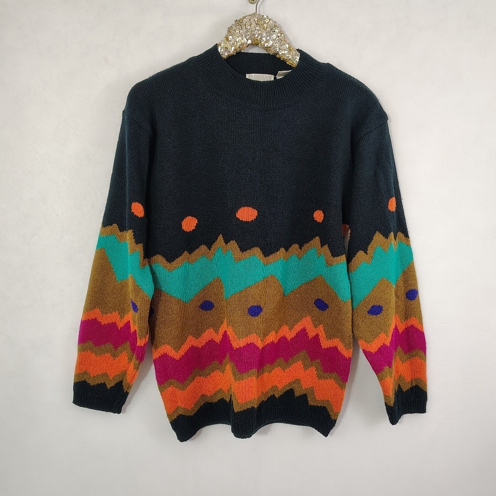 Vintage 90s Lorna Brooks Women's Multicolor Sweater Sz Small Geometric Dopamine